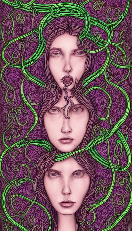 Image similar to very detailed portrait of a 2 0 years old girl surrounded by tentacles, the youg woman visage is blooming from fractal and vines, by jhonen vasquez