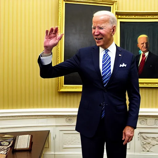 Prompt: joe biden wearing a VR headset in the oval office