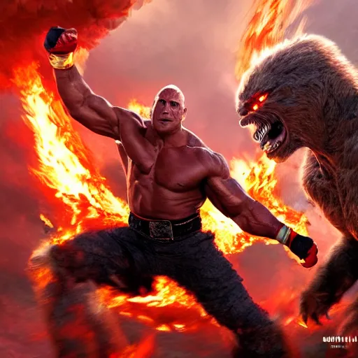 Image similar to dwayne johnson fighting demon joe biden in hell, digital artwork, trending on artstation, fire, dynamic lighting, fantasy art