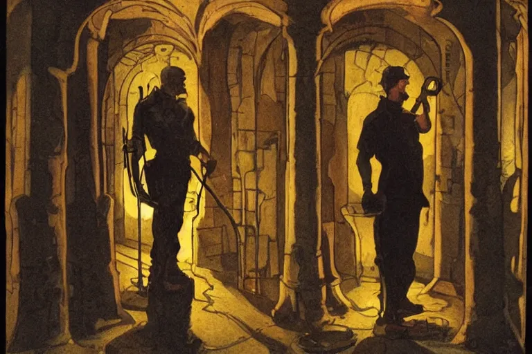 Image similar to a man holds a torch and explores a Dungeon, luminous, Art Nouveau