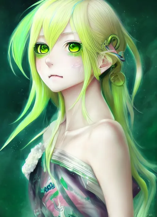 Prompt: very cute and beautiful anime girl portrait with highly detailed green eyes and pastel yellow hair, with intricate details, in professional modern anime style, made by ross tran, wlop, laica chrose, fashionable cute anime girl,