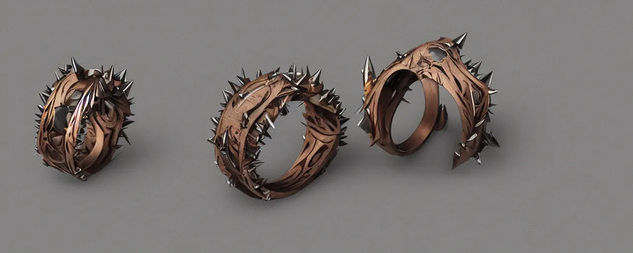 Image similar to wooden ring with spikes, ring, wood, steel, sword, smooth shank, engravings, product design, jewelry, art by gerald brom, greg rutkowski and artgerm and james jean and zdzisław beksinski, 8 k, unreal engine, c 4 d