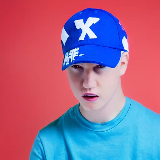 Prompt: a portrait of an average white teenage boy with blue colored hair, wearing a red backwards cap, white t - shirt with a red no symbol on it, blue long pants and red shoes, holding a microphone on a stage, studio lighting, photoshoot