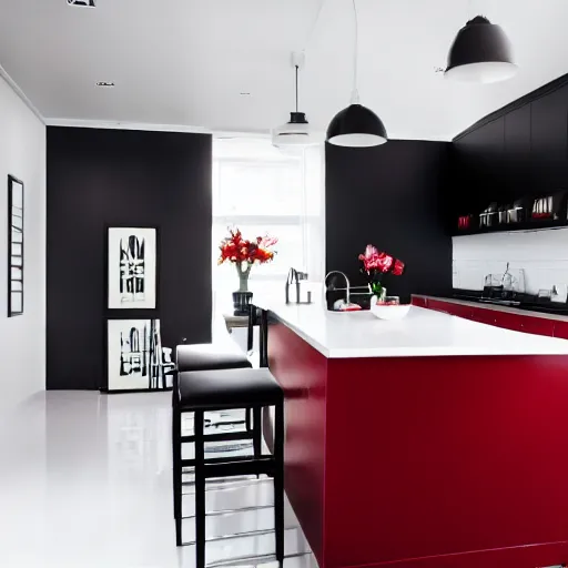 Image similar to photo of black, matte kitchen fronts surfaces and furniture, dark red walls at the back, white floor tiles on the ground, white ceiling, architecture, concept art