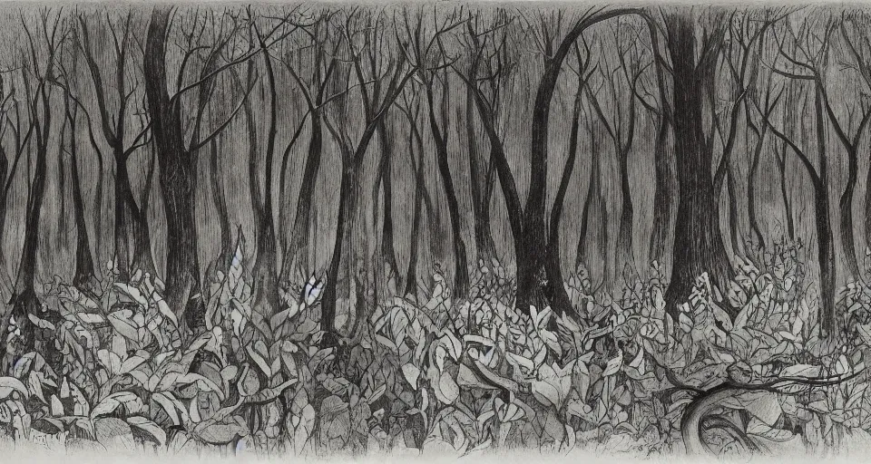 Prompt: A dense and dark enchanted forest with a swamp, by Charles Addams