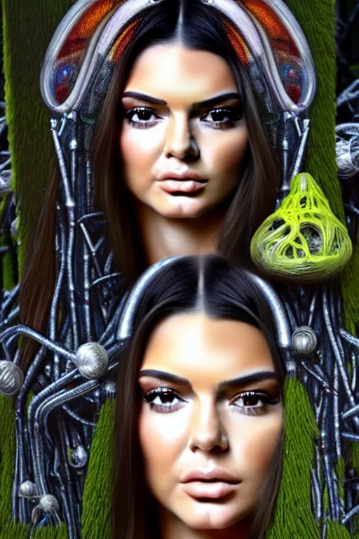 Image similar to realistic detailed face portrait painting of the beautiful kendall jenner with long hair with sci-fi headwear, futuristic sci-fi forest on background by HR GIGER