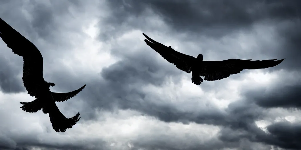 Prompt: fallen archangel striking from the heavens, dark cloudy sky with thunder, dramatic light