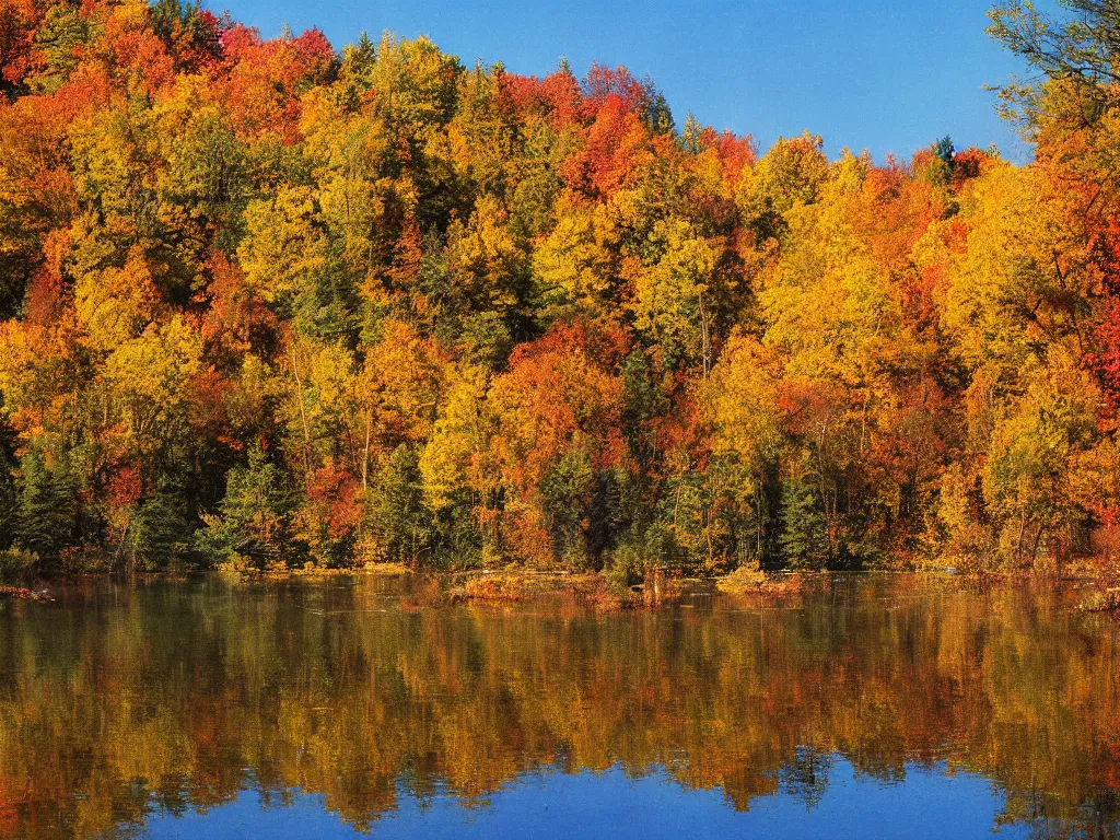 Image similar to a lake in the woods during autumn, photograph, color film