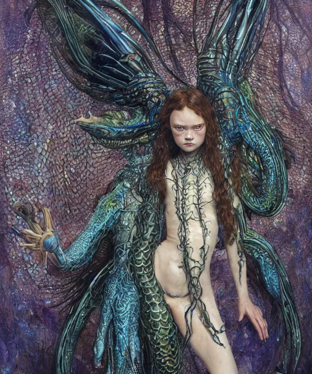 Prompt: a portrait photograph of a fierce sadie sink as a strong alien harpy queen with amphibian skin. she is dressed in a black and blue lace shiny metal slimy organic membrane vest and transforming into an evil insectoid snake bird. by donato giancola, walton ford, ernst haeckel, peter mohrbacher, hr giger. 8 k, cgsociety