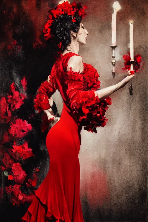 Image similar to detailedoil painting of spanish flamenco dancer in mallorca wearing a red dress made of flowers, dimly lit by candles on the ground, looking away, dark shadows, photo realistic, extreme detail skin, no filter, slr, 4 k, high definition