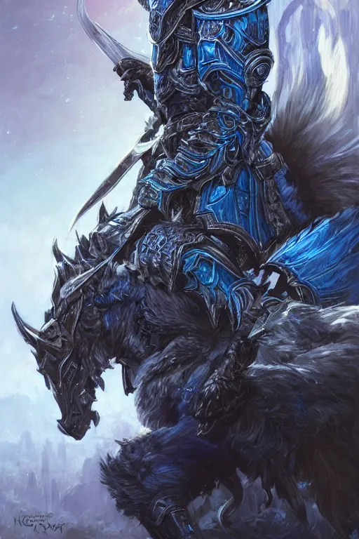 Image similar to Fantasy knight wearing an intricate azure wolf themed full plated armor, moonlit, HD, illustration, epic, D&D, fantasy, intricate, elegant, highly detailed, digital painting, artstation, concept art, smooth, sharp focus, illustration, art by artgerm and greg rutkowski and alphonse mucha, monster hunter illustrations art book