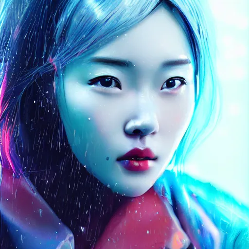 Image similar to a film still of kim sung hee as joi in the rain with blue hair, cute - fine - face, pretty face, cyberpunk art by sim sa - jeong, cgsociety, synchromism, detailed painting, glowing neon, digital illustration, perfect face, extremely fine details, realistic shaded lighting, dynamic colorful background