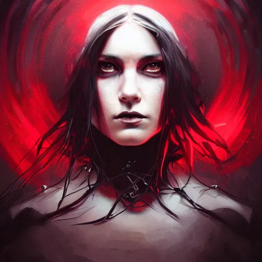 Image similar to Portrait of a dark witch, dark filaments, red glowing eyes, menacing, intimidating, frightening, intricate, headshot, highly detailed, digital painting, artstation, concept art, sharp focus, cinematic lighting, illustration, art by artgerm and greg rutkowski, alphonse mucha, cgsociety