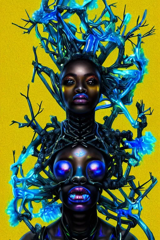 Prompt: hyperrealistic deconstructed super expressive! black woman with exoskeleton armor, merging with tree in a forest, highly detailed digital painting masterpiece smooth robert steven connett hannah yata dramatic pearlescent blue yellow light ground angle hd 8k sharp focus