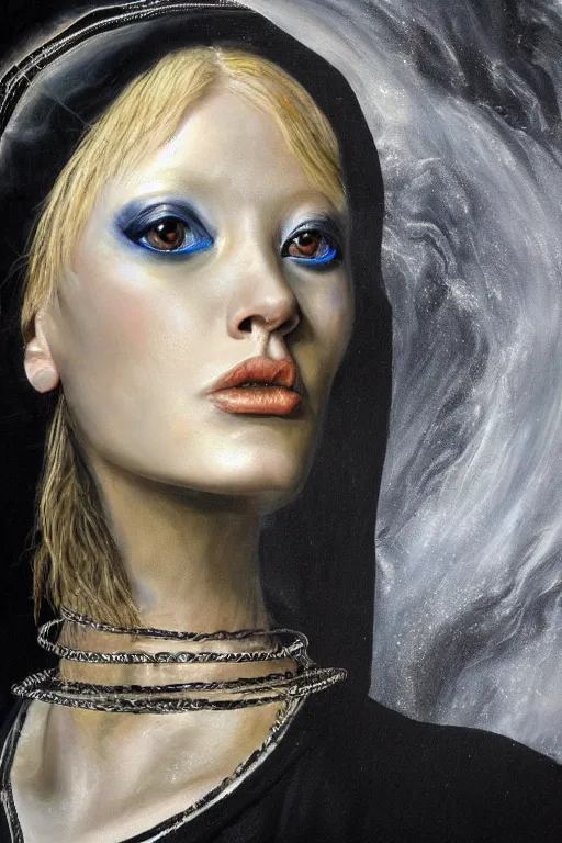 Image similar to hyperrealism oil painting, close - up portrait of albino medieval fashion model, black silk, steel gradient mixed with nebula sky, in style of baroque