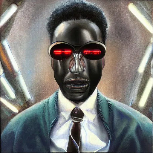 Image similar to a realistic oil painting of a black man as a cybernetic cyborg, surrealism portrait, surrealism album cover