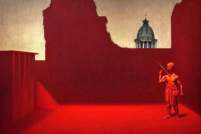 Image similar to only with red, caesar after war, a red tiger, in hoc signo vinces, rome in background, an ancient path, in the style of beksinski, part by hopper, part by rodcenko, part by hofbauer, intricate composition, red by caravaggio, insanely quality, highly detailed, masterpiece, red light, artstation