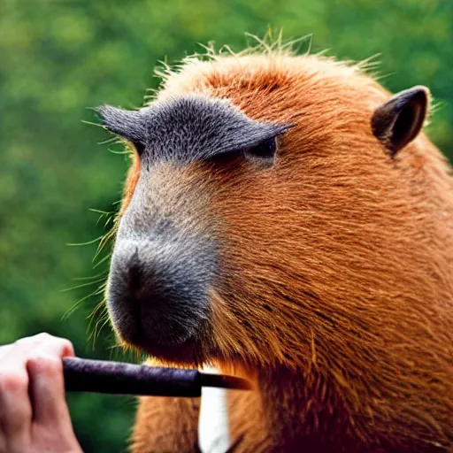 Image similar to an antropomorphic capybara wearing a suit smoking a cigar