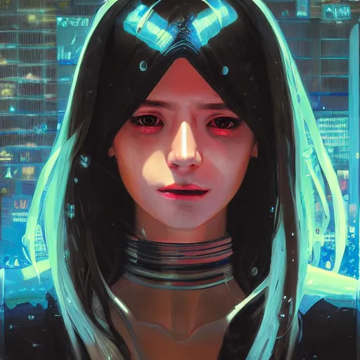 Image similar to A comic potrait of a cyberpunk cyborg girl with big and cute eyes, fine-face, realistic shaded perfect face, fine details. Night setting. Very anime style. Realistic shaded lighting poster by Ilya Kuvshinov katsuhiro, magali villeneuve, artgerm, Jeremy Lipkin and Michael Garmash, Rob Rey and Kentarõ Miura style, trending on art station