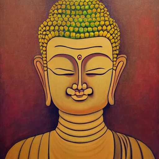 Image similar to a painting of a buddha with his eyes closed, an oil on canvas painting by ram chandra shukla, shutterstock, figurativism, creative commons attribution, photoillustration, fractalism