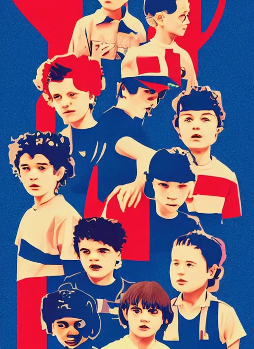 Prompt: poster stylized minimalist kids from cast of stranger things art by kiyoshi awazu, perfectly centred, sharp