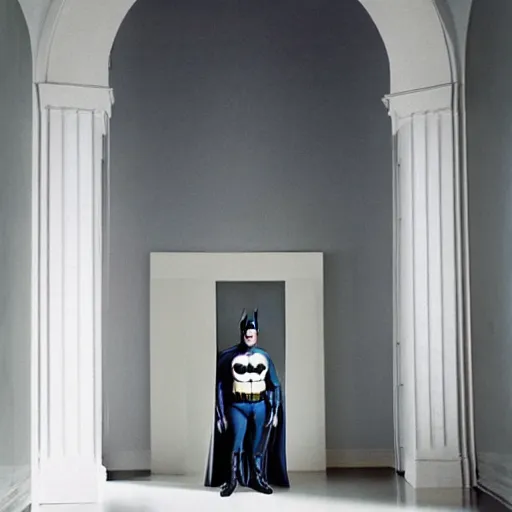 Image similar to Batman standing in giant Italian modern castle living room, clean minimalist design, that is 1300 feet tall, with very tall giant walls filled with modern art paintings, doors that are cosmic portals, photo by Annie Leibovitz