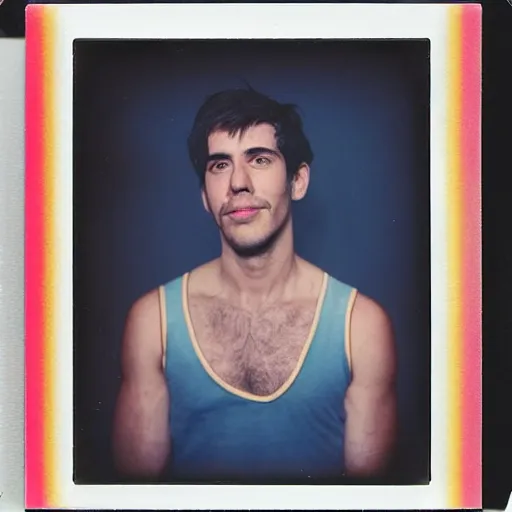 Image similar to a professional polaroid portrait photo of a beautiful man with an asymmetrical face with his eyes closed. the man has black hair, light freckled skin and a look of panic on his face. extremely high fidelity. key light. rainbow light bleed, film burn.