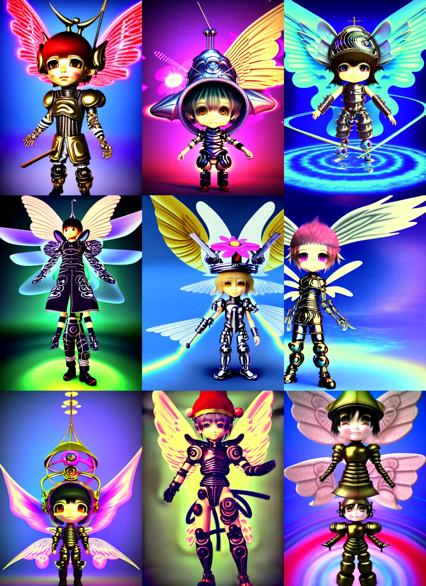 Prompt: vintage cgi 3 d render of chibi cyborg knight n the style of micha klein and ichiro tanida a big wizard hat and wearing angel wings against a psychedelic swirly background with 3 d butterflies and 3 d flowers n the style of 1 9 9 0's cgi graphics 3 d rendered y 2 k aesthetic by micha klein and final fantasy