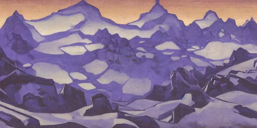 Prompt: At the Mountains of Madness, oil on canvas, by Nicholas Roerich