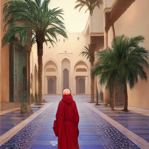 Prompt: cat travels through marrakech streets, morocco, palm trees, mosque, vaporwave, highly detailed, digital painting, artstation, concept art, smooth, sharp focus, illustration, art by artgerm and greg rutkowski and alphonse mucha