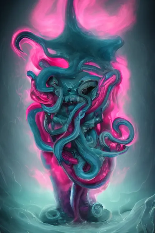 Image similar to pink and blue ooze monster with black eyes and reflective liquid, tentacles, imaginary concept villian. beautiful lighting, misty cloudy atmosphere