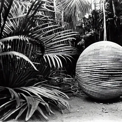 Image similar to a rizom lost film footage of a sphere ethnographic object in the middle of the tropical jungle / object / abstract / modernism / film still / cinematic / enhanced / 1 9 2 0 s / black and white / grain