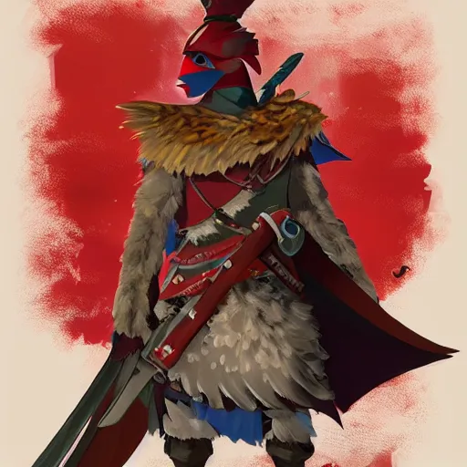 Image similar to avian leader in a army combat uniform created entirely of feathers holding a rapier with a bright red beak medieval theme rito breath of the wild, concept art, artistic