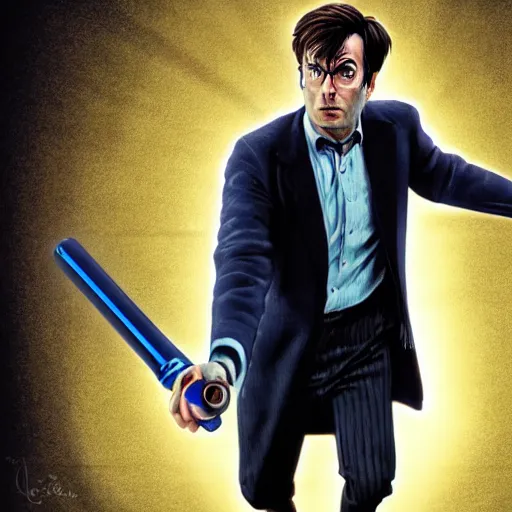 Image similar to Portrait of The Tenth Doctor stepping out of the Tardis and holding a sonic screwdriver, artstation, high definition, 4k, sharp focus