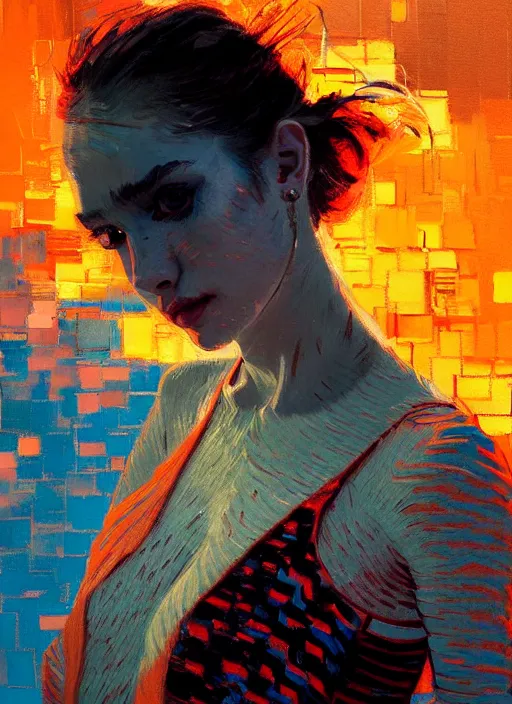 Prompt: portrait of beautiful girl, dancing, ecstatic, ibiza night club, sunset, shades of orange and blue, beautiful face, rule of thirds, intricate outfit, spotlight, by greg rutkowski, by jeremy mann, by francoise nielly, by van gogh, digital painting