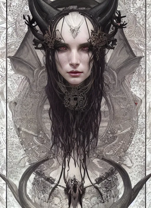 Image similar to a beautiful illustration of a satanic witch with horns in head, intricate, sharp focus, illustration, highly detailed, digital painting, concept art, matte, art by wlop and artgerm and greg rutkowski and alphonse mucha, masterpiece