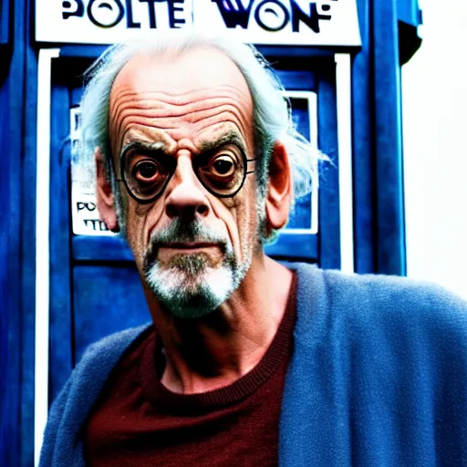 Prompt: christopher lloyd as doctor who in front of tardis, directed by christopher nolan