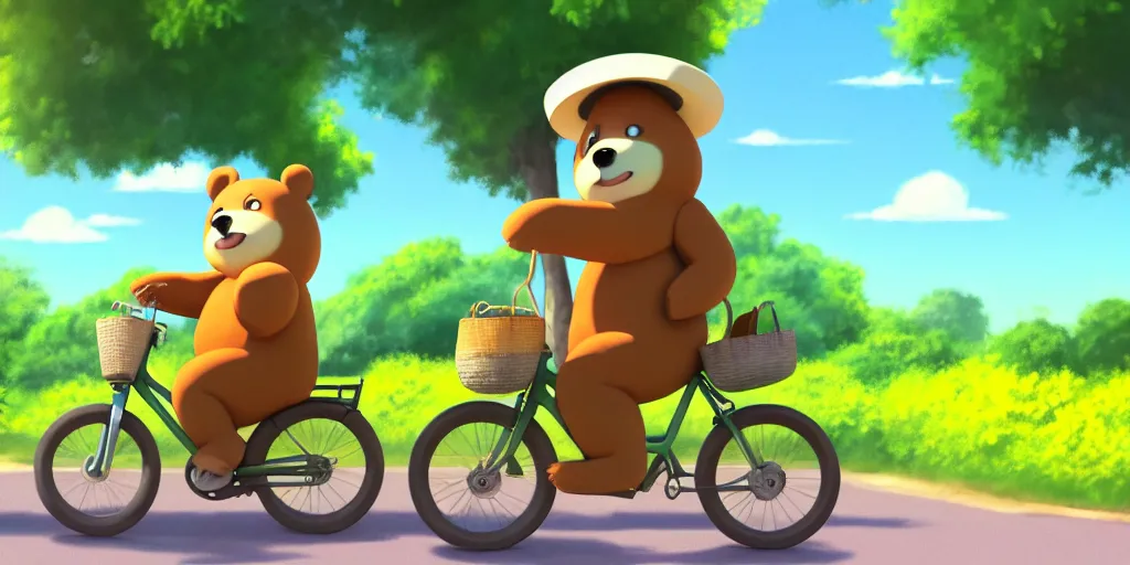 Prompt: shot of a cute bear on a bike wearing a sunhat studio ghibli pixar disney animation sharp render