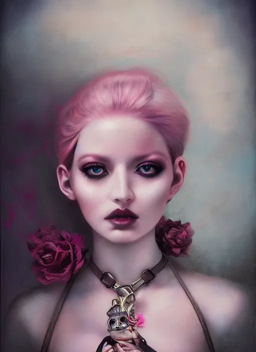 Prompt: pop surrealism, lowbrow art, realistic seductive cute woman painting, pink body harness, hyper realism, muted colours, rococo, natalie shau, loreta lux, tom bagshaw, mark ryden, trevor brown style,