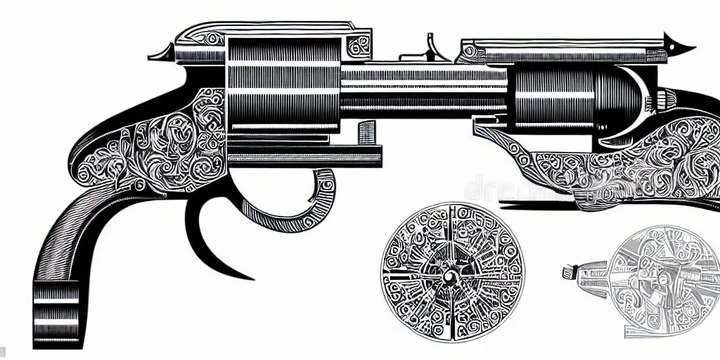 Image similar to schematic diagram illustration of a revolver, ultra detailed, 4 k, intricate, encyclopedia illustration, fine inking lines