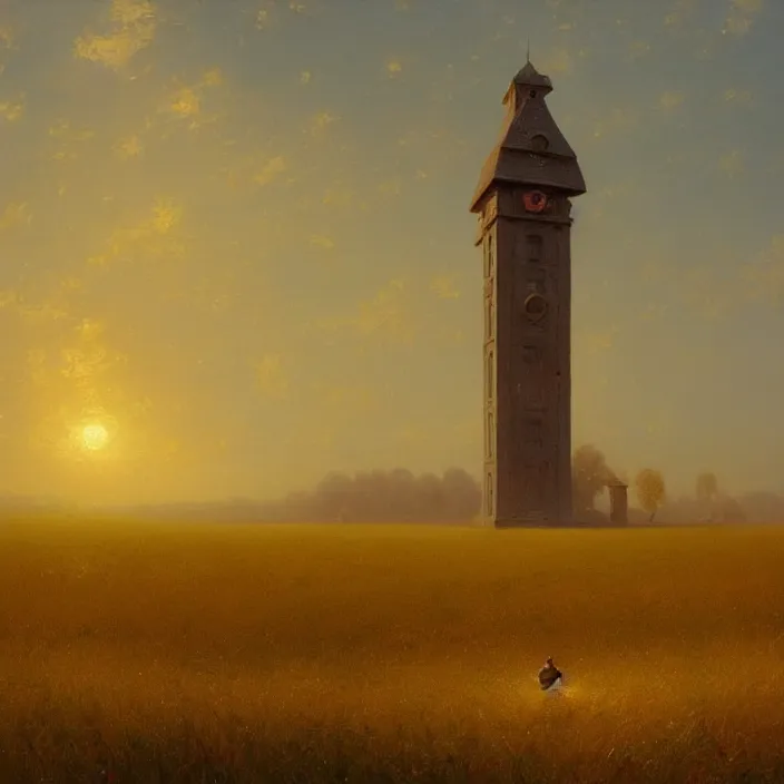 Prompt: a beautiful painting of a clock tower in a field of golden wheat by ivan aivazovsky and greg rutkowski and rhads, in style of digital art. hyper detailed, sharp focus, soft light. octane render. ray tracing. trending on artstation