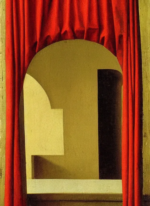 Image similar to red curtain, medieval painting by jan van eyck, johannes vermeer, florence