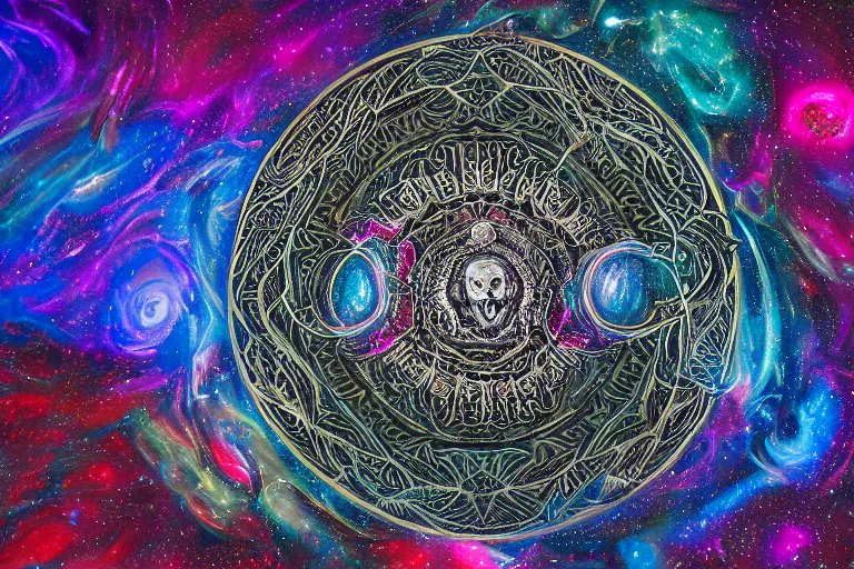 Image similar to a giant mandala of skulls and flesh with deep and intricate rune carvings and twisting lovecraftian tentacles emerging from a space nebula by dan mumford, twirling smoke trails, a twisting vortex of dying galaxies, collapsing stars, digital art, photorealistic, vivid colors, highly detailed, intricate