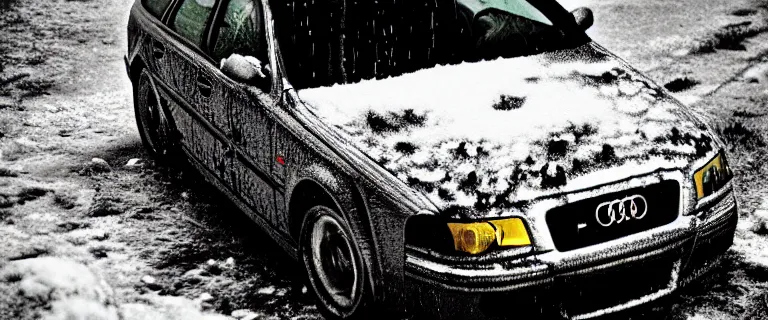 Prompt: Audi A4 B6 Avant (2002), a gritty neo-noir, dramatic lighting, cinematic, eerie person, death, homicide, homicide in the snow, viscera splattered, gunshots, bullet holes, establishing shot, extremely high detail, cracked windows, photorealistic, arson, makeshift grave, cinematic lighting, artstation, by simon stalenhag, Max Payne (PC) (2001) winter New York at night, In the style of Max Payne 1 graphic novel, flashing lights, Poets of the Fall - Late Goodbye
