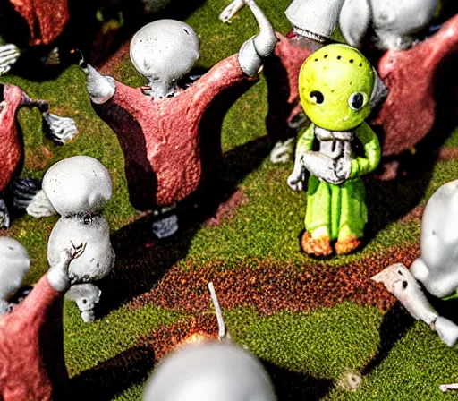 Prompt: miniature figurines of surreal heironymus bosch monsters, close up, detail, tilt shift, product photography