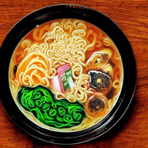 Prompt: a centre frame of a bowl of ramen in the style of a comic book