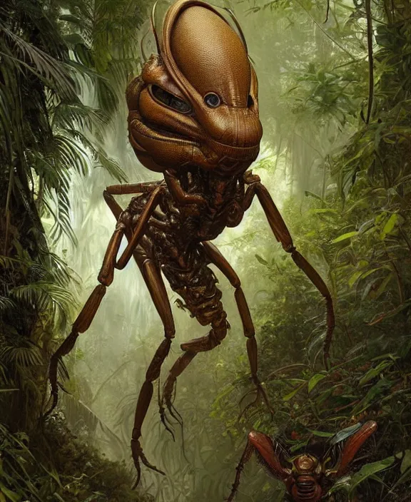 Prompt: intricate earth - toned portrait of a disturbing terrifying alien insect creature, mottling coloring, adorable, childlike, overgrown jungle environment, ultra realistic, concept art, maximalist, photorealistic, octane render, 8 k, unreal engine. art by christopher marley and artgerm and greg rutkowski and alphonse mucha