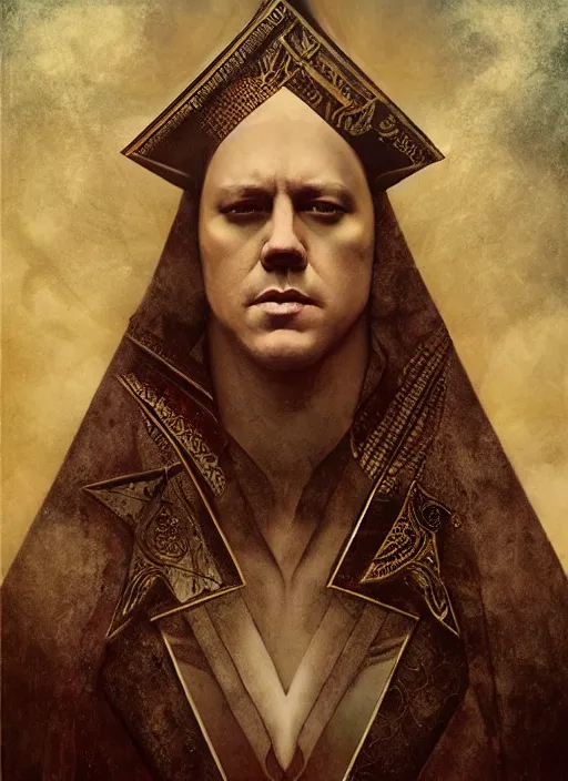 Prompt: channing tatum as aleister crowley the grand mage of thelema. art by tom bagshaw and nils hamm