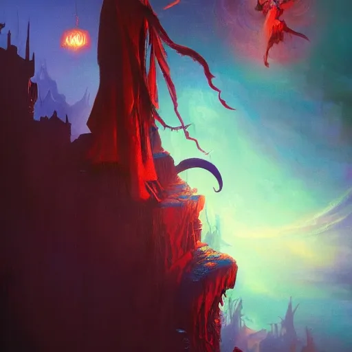 Image similar to Dracula traveling through a beautiful psychedelic world, horror, illustrated by Greg Rutkowski and dr seuss, masterpiece, vivid colors, trending on artstation