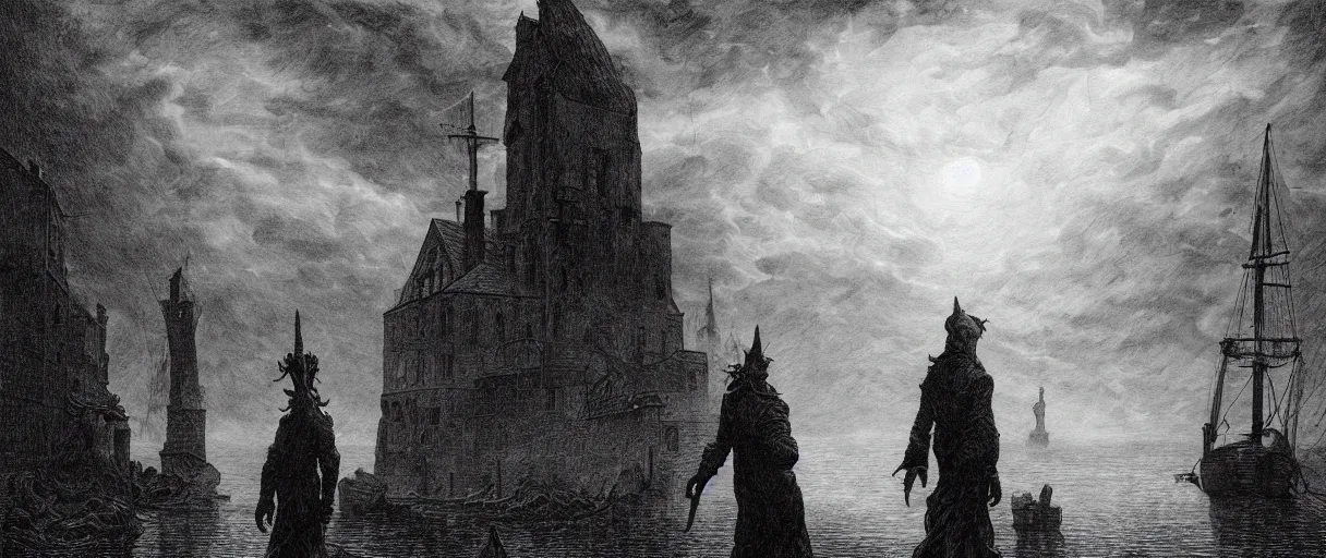 Prompt: an engraving of innsmouth dweller, lovecraftian atmosphere, mutant, fishman, caspar david friedrich, foggy, depth, strong shadows, stormclouds, illuminated focal point, highly detailed